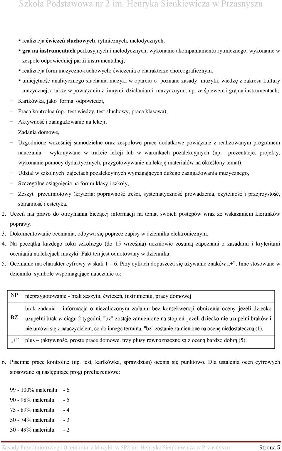 muzycznej, a także w powiązaniu z innymi działaniami muzycznymi, np. ze śpiewem i grą na instrumentach; - Kartkówka, jako forma odpowiedzi, - Praca kontrolna (np.