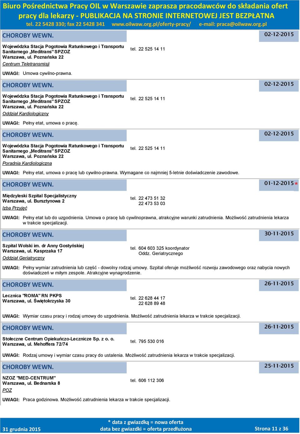 02-12-2015 Wojewódzka Stacja Pogotowia Ratunkowego i Transportu Sanitarnego Meditrans SPZOZ Warszawa, ul. Poznańska 22 Poradnia Kardiologiczna tel.