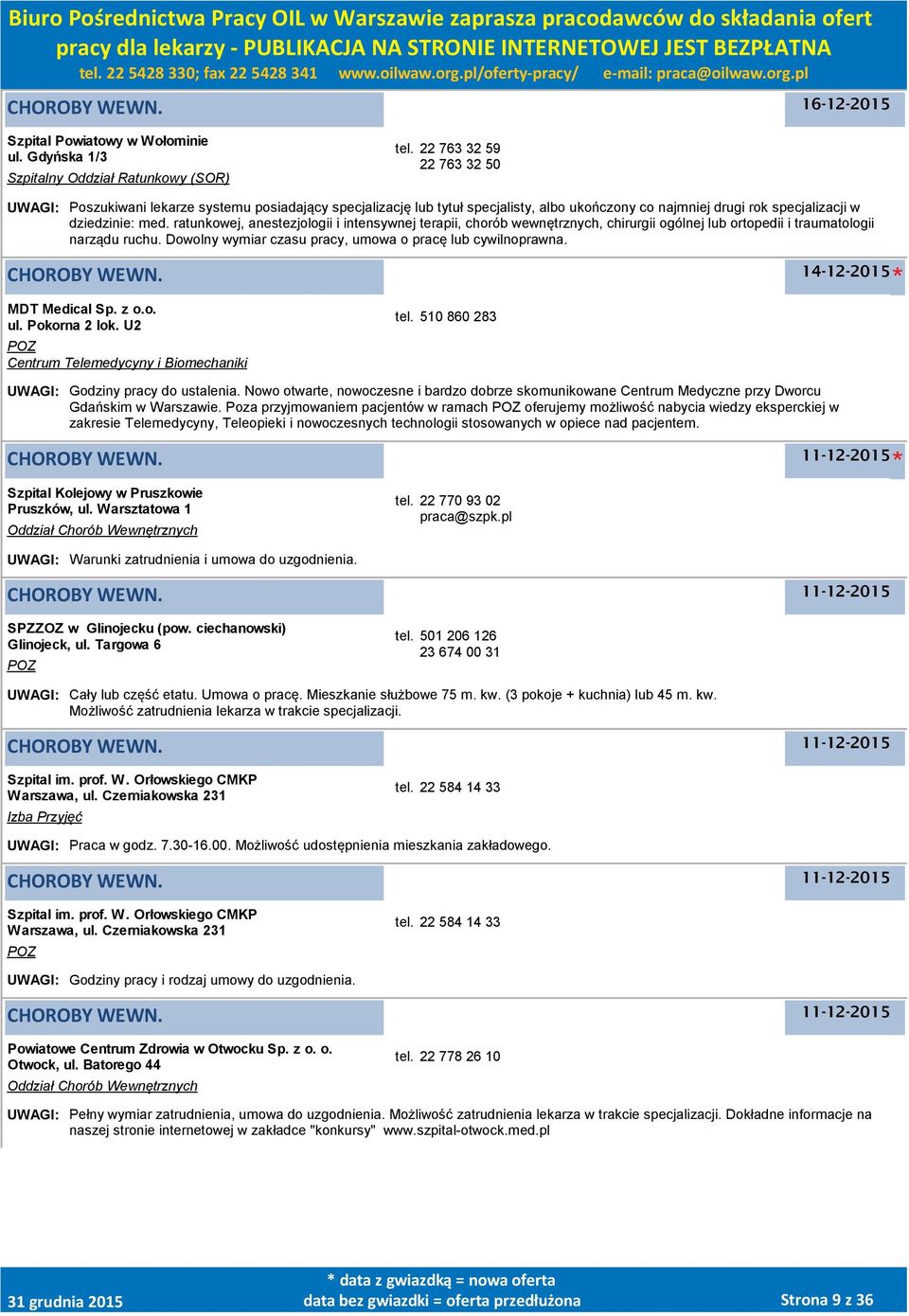 ratunkowej, anestezjologii i intensywnej terapii, chorób wewnętrznych, chirurgii ogólnej lub ortopedii i traumatologii narządu ruchu. Dowolny wymiar czasu pracy, umowa o pracę lub cywilnoprawna.