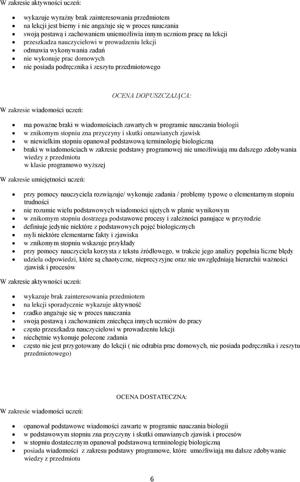 wiadomościach zawartych w programie nauczania biologii w znikomym stopniu zna przyczyny i skutki omawianych zjawisk w niewielkim stopniu opanował podstawową terminologię biologiczną braki w