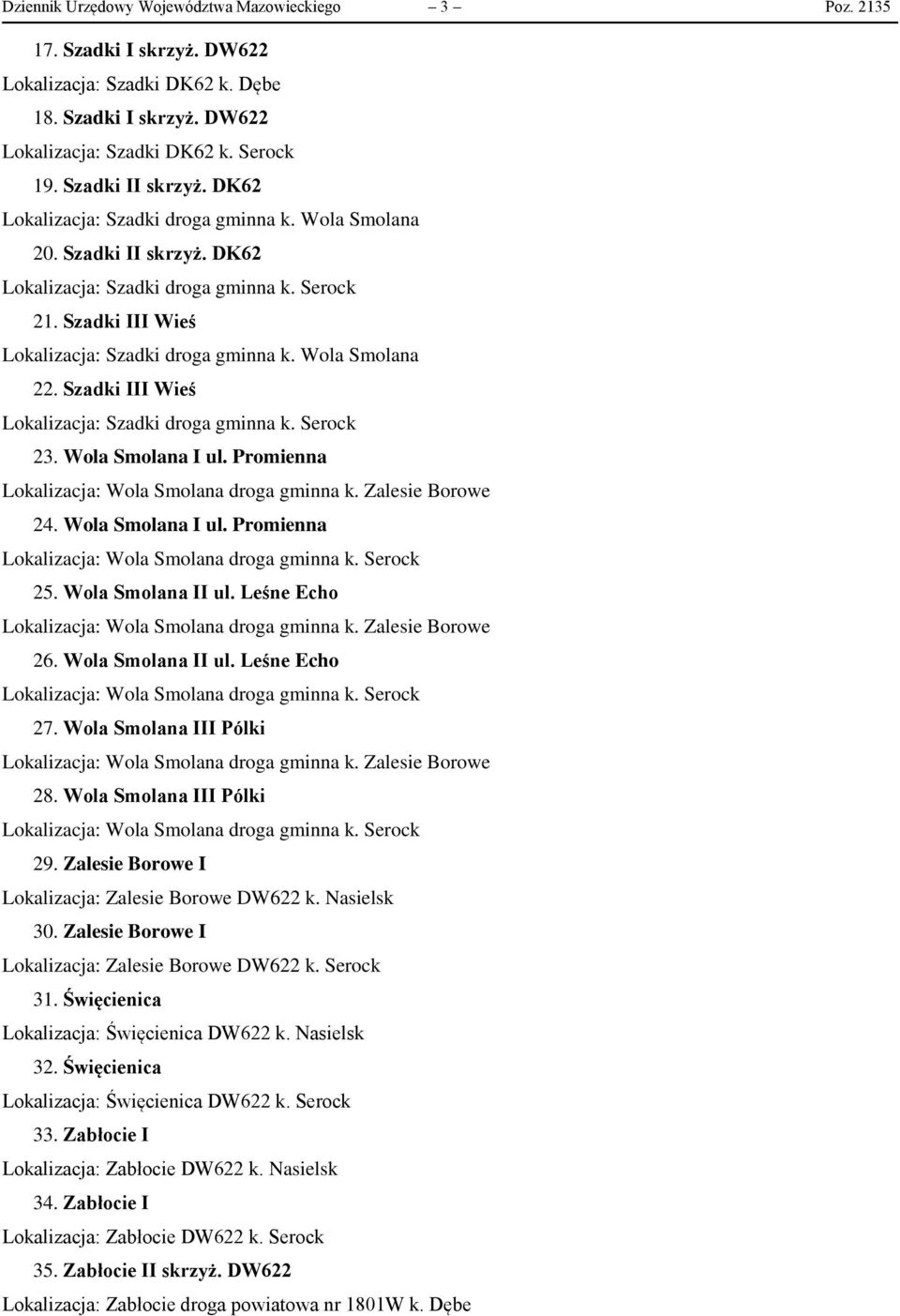 Szadki III Wieś Lokalizacja: Szadki droga gminna k. Serock 23. Wola Smolana I ul. Promienna Lokalizacja: Wola Smolana droga gminna k. Zalesie Borowe 24. Wola Smolana I ul. Promienna Lokalizacja: Wola Smolana droga gminna k. Serock 25.