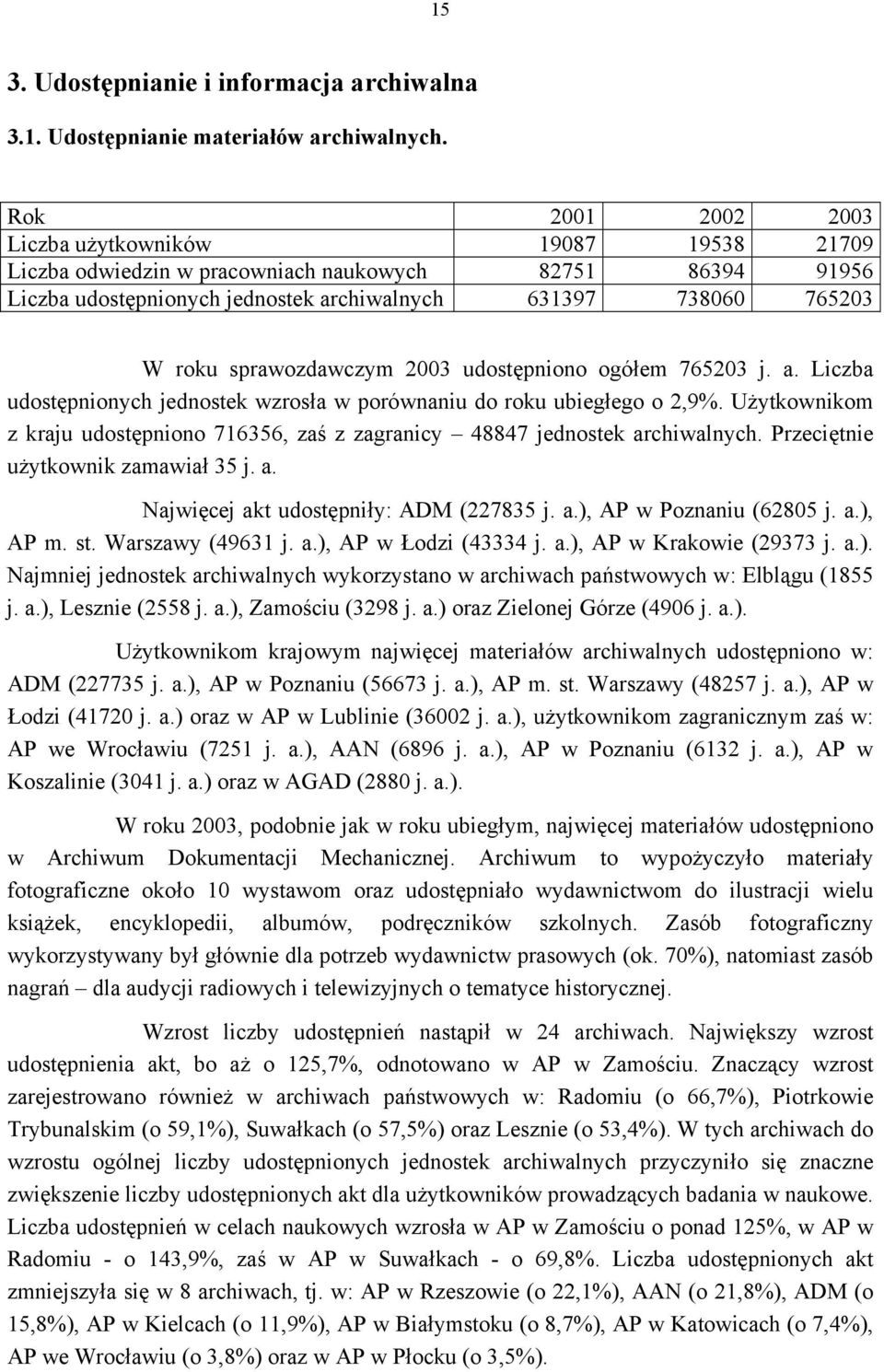 sprawozdawczym 2003 udostępniono ogółem 765203 j. a. Liczba udostępnionych jednostek wzrosła w porównaniu do roku ubiegłego o 2,9%.