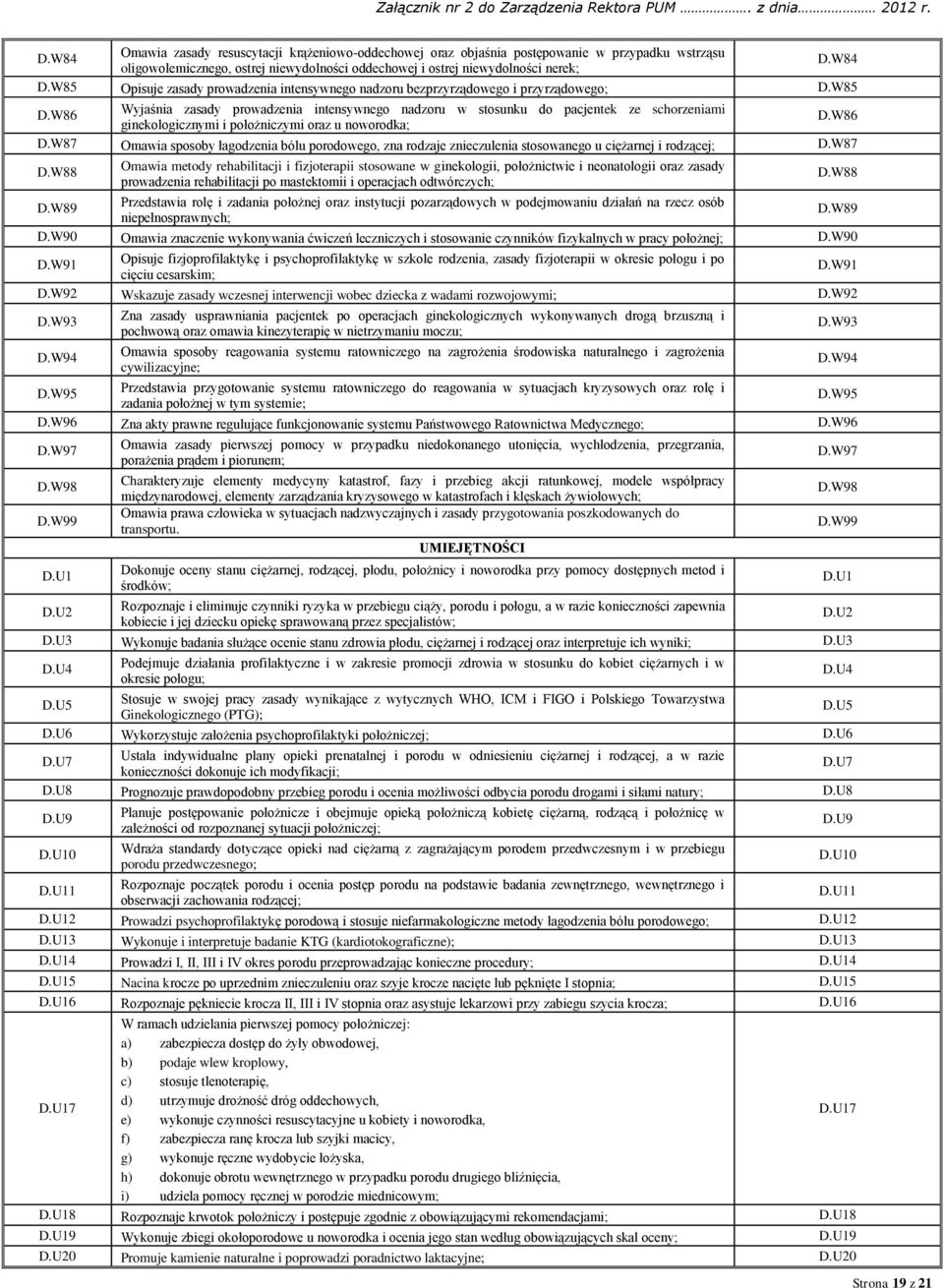 W86 ginekologicznymi i położniczymi oraz u noworodka; D.W87 Omawia sposoby łagodzenia bólu porodowego, zna rodzaje znieczulenia stosowanego u ciężarnej i rodzącej; D.W87 D.