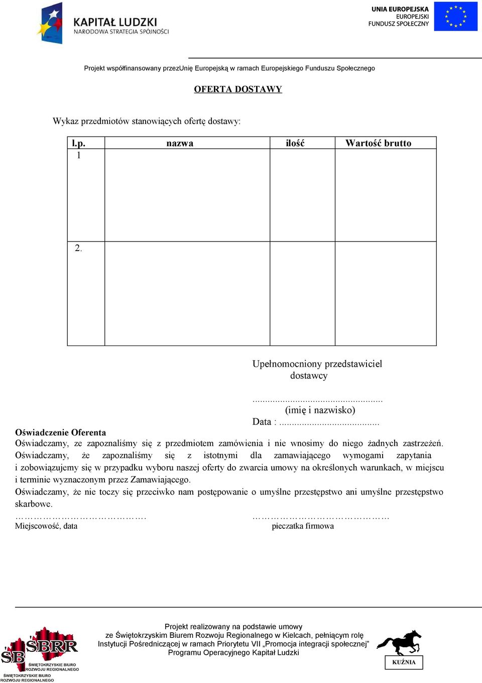 Oświadczamy, że zapoznaliśmy się z istotnymi dla zamawiającego wymogami zapytania i zobowiązujemy się w przypadku wyboru naszej oferty do zwarcia umowy na określonych