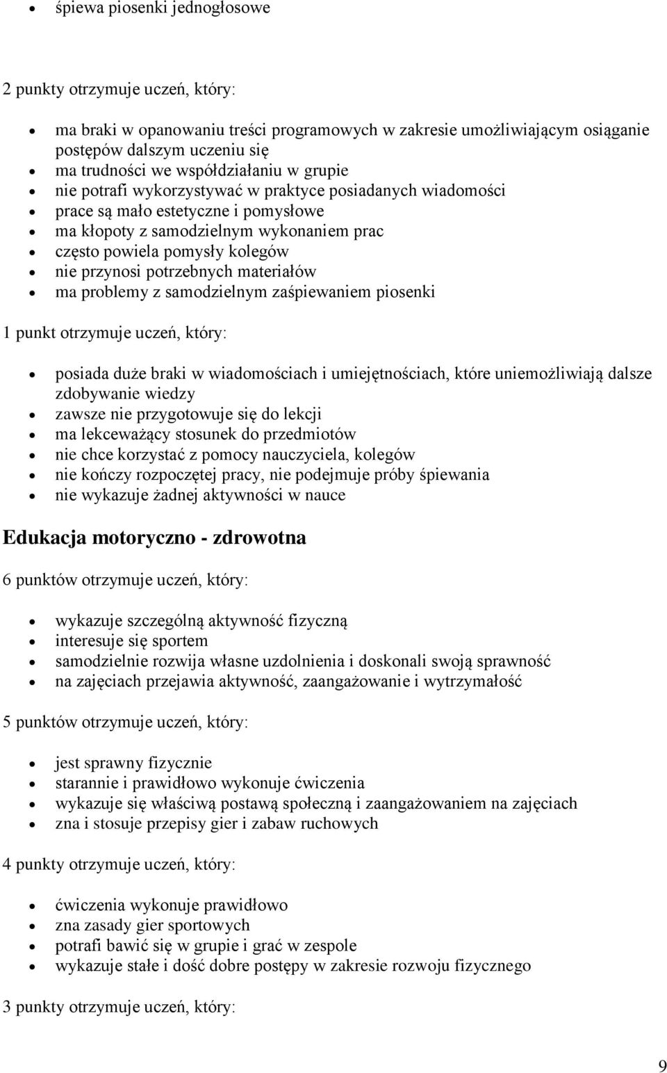 potrzebnych materiałów ma problemy z samodzielnym zaśpiewaniem piosenki 1 punkt otrzymuje uczeń, który: posiada duże braki w wiadomościach i umiejętnościach, które uniemożliwiają dalsze zdobywanie