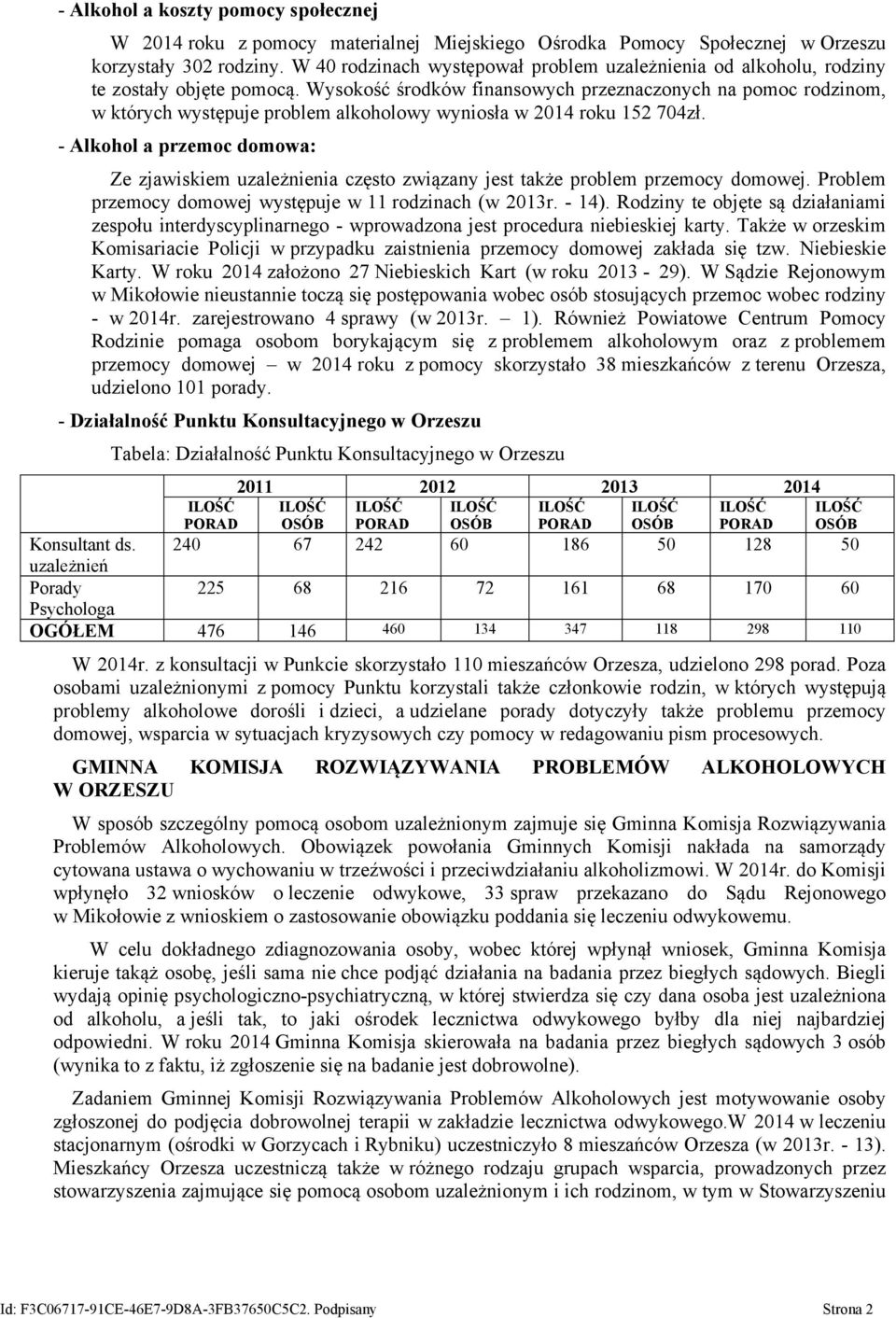 Wysokość środków finansowych przeznaczonych na pomoc rodzinom, w których występuje problem alkoholowy wyniosła w 2014 roku 152 704zł.