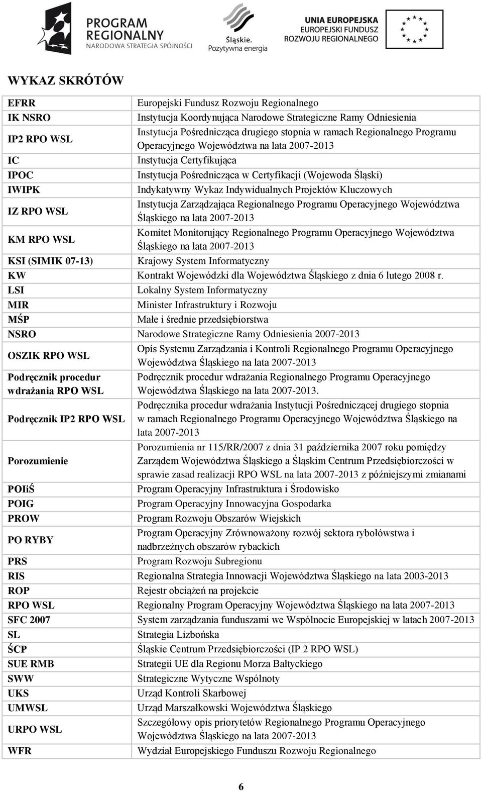 Indykatywny Wykaz Indywidualnych Projektów Kluczowych Instytucja Zarządzająca Regionalnego Programu Operacyjnego Województwa Śląskiego na lata 2007-2013 Komitet Monitorujący Regionalnego Programu