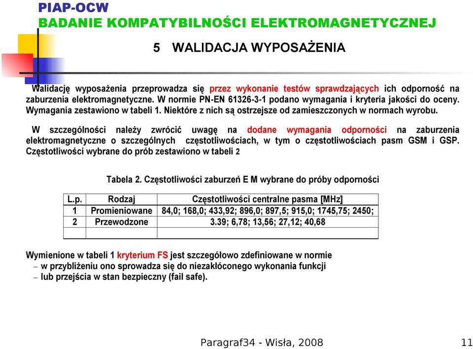 W szczególności należy zwrócić uwagę na dodane wymagania odporności na zaburzenia elektromagnetyczne o szczególnych częstotliwościach, w tym o częstotliwościach pasm GSM i GSP.