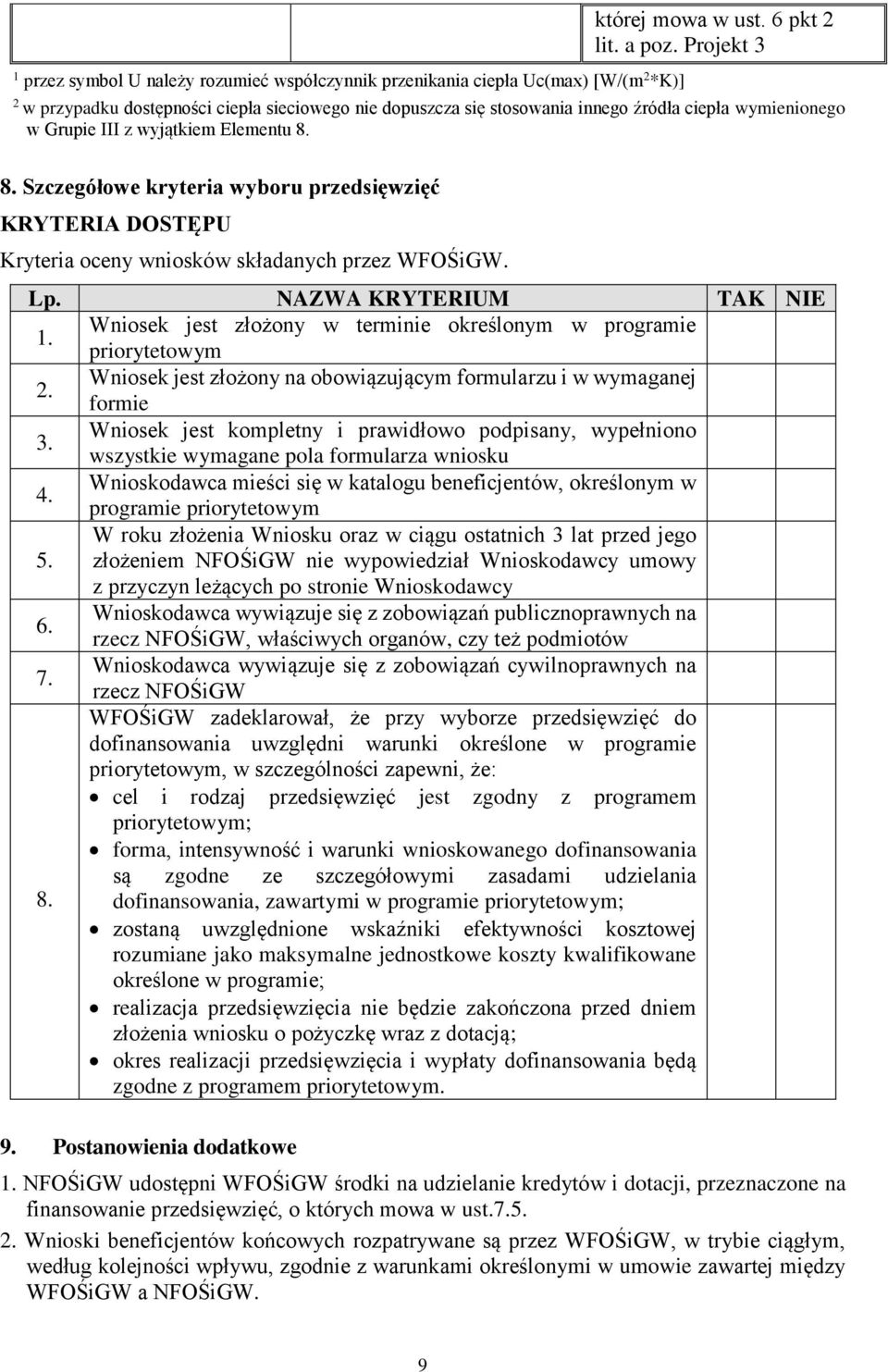 8. Szczegółowe kryteria wyboru przedsięwzięć KRYTERIA DOSTĘPU Kryteria oceny wniosków składanych przez WFOŚiGW. Lp. NAZWA KRYTERIUM TAK NIE 1.