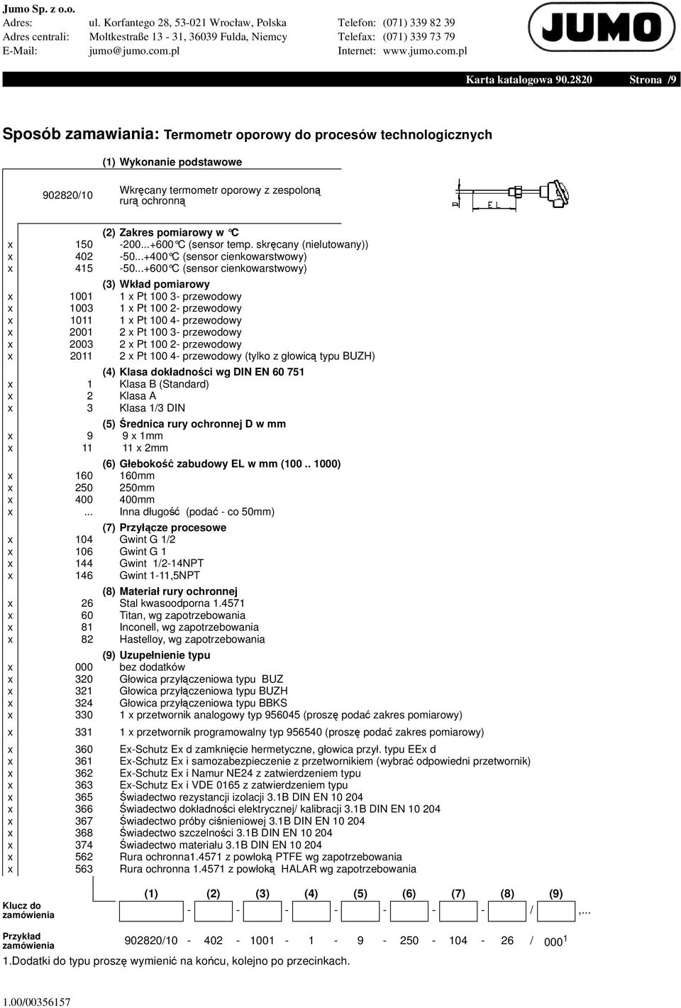 2011 2 x Pt 100 4- przewodowy (tylko z głowic typu BUZH) (4) Klasa dokładno ci wg DIN EN 60 751 x 1 Klasa B (Standard) x 2 Klasa A x 3 Klasa 1/3 DIN (5) rednica rury ochronnej D w mm x 9 9 x 1mm x 11