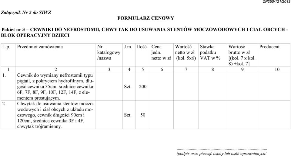 z pokryciem hydrofilnym, długość cewnika 35cm, średnice cewnika 6F, 7F, 8F, 9F, 0F, 2F, 4F, z elementem prostującym 2 Chwytak do usuwania