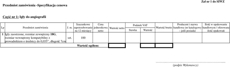 zewnętrzny 18G, rozmiar wewnętrzny kompatybilny z