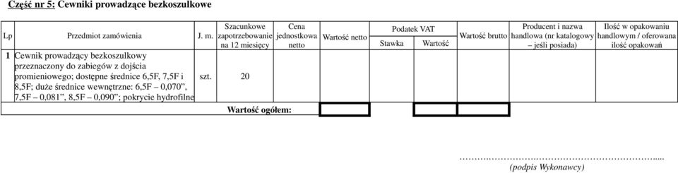 dostępne średnice 6,5F, 7,5F i 8,5F; duże średnice wewnętrzne: 6,5F