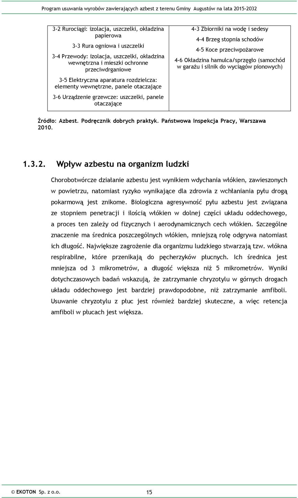 stopnia schodów 4-5 Koce przeciwpożarowe 4-6 Okładzina hamulca/sprzęgło (samochód w garażu i silnik do wyciągów pionowych) Źródło: Azbest. Podręcznik dobrych praktyk.