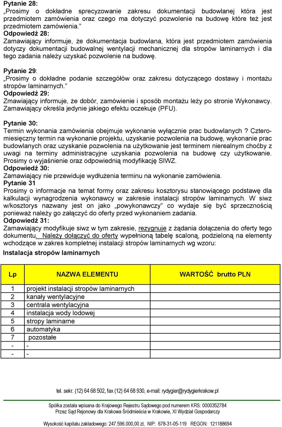 należy uzyskać pozwolenie na budowę. Pytanie 29: Prosimy o dokładne podanie szczegółów oraz zakresu dotyczącego dostawy i montażu stropów laminarnych.