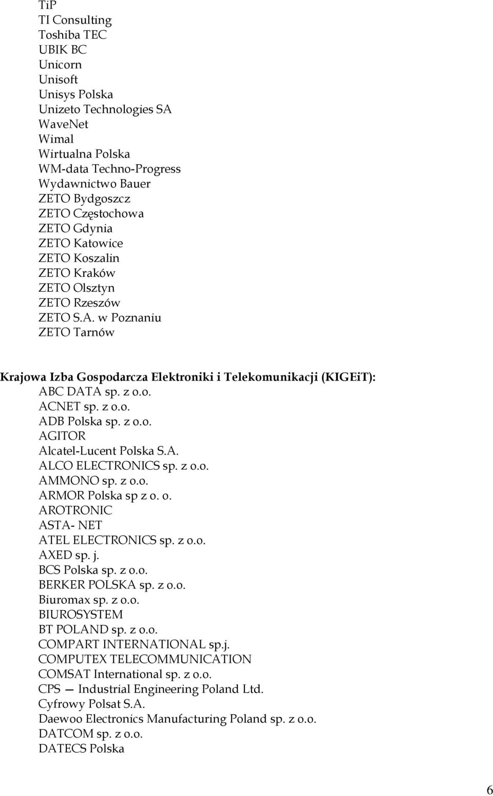 z o.o. ADB Polska sp. z o.o. AGITOR Alcatel-Lucent Polska S.A. ALCO ELECTRONICS sp. z o.o. AMMONO sp. z o.o. ARMOR Polska sp z o. o. AROTRONIC ASTA- NET ATEL ELECTRONICS sp. z o.o. AXED sp. j.