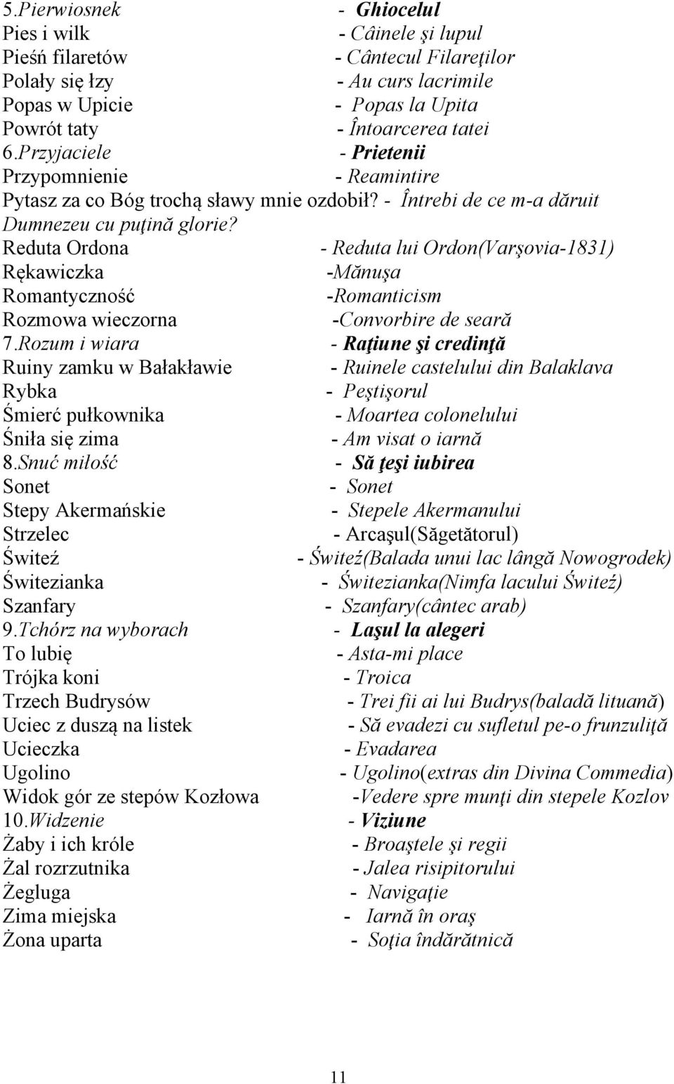 Reduta Ordona - Reduta lui Ordon(Varşovia-1831) Rękawiczka -Mănuşa Romantyczność -Romanticism Rozmowa wieczorna -Convorbire de seară 7.