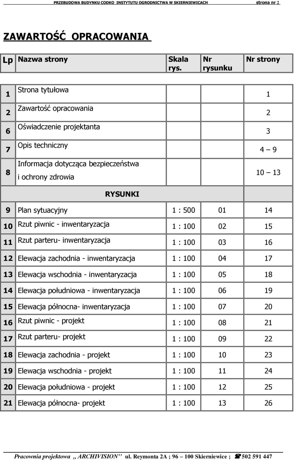 sytuacyjny 1 : 500 01 14 10 Rzut piwnic - inwentaryzacja 1 : 100 02 15 11 Rzut parteru- inwentaryzacja 1 : 100 03 16 12 Elewacja zachodnia - inwentaryzacja 1 : 100 04 17 13 Elewacja wschodnia -