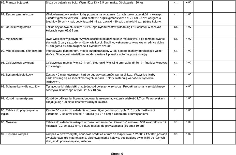 Skład zestawu: drążki gimnastyczne dł 70 cm - 8 szt, obręcze o średnicy 50 cm - 4 szt, cegły łączniki - 4 szt, zaciski - 30 szt, pachołki 4 szt. (różne kolory). 88.