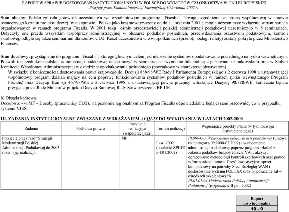 W 2001 roku ośmiu przedstawicieli polskiej administracji podatkowej uczestniczyło w 8 seminariach.