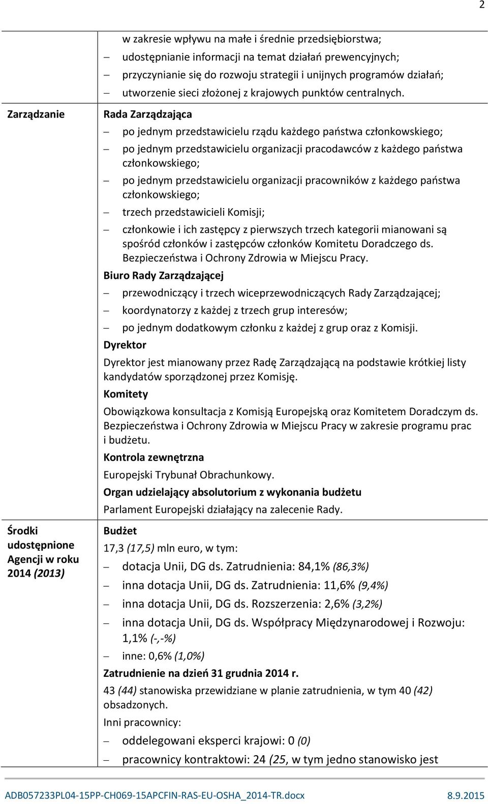 Zarządzanie Środki udostępnione Agencji w roku 2014 (2013) Rada Zarządzająca po jednym przedstawicielu rządu każdego państwa członkowskiego; po jednym przedstawicielu organizacji pracodawców z