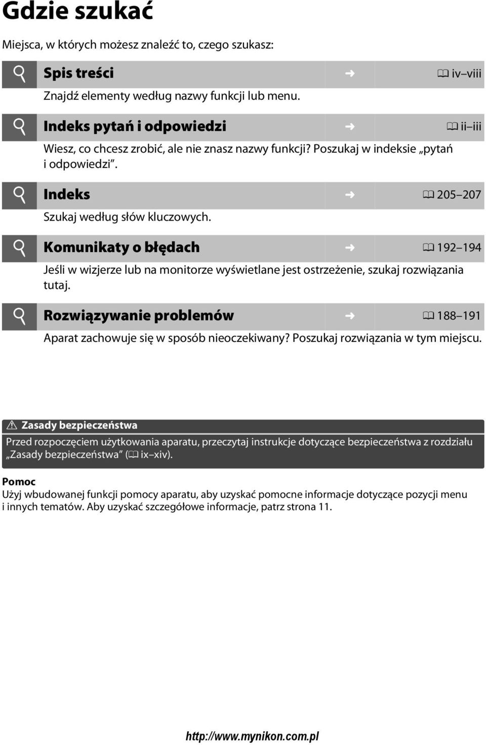 Komunikaty o błędach 0 192 194 Jeśli w wizjerze lub na monitorze wyświetlane jest ostrzeżenie, szukaj rozwiązania tutaj. Rozwiązywanie problemów 0 188 191 Aparat zachowuje się w sposób nieoczekiwany?