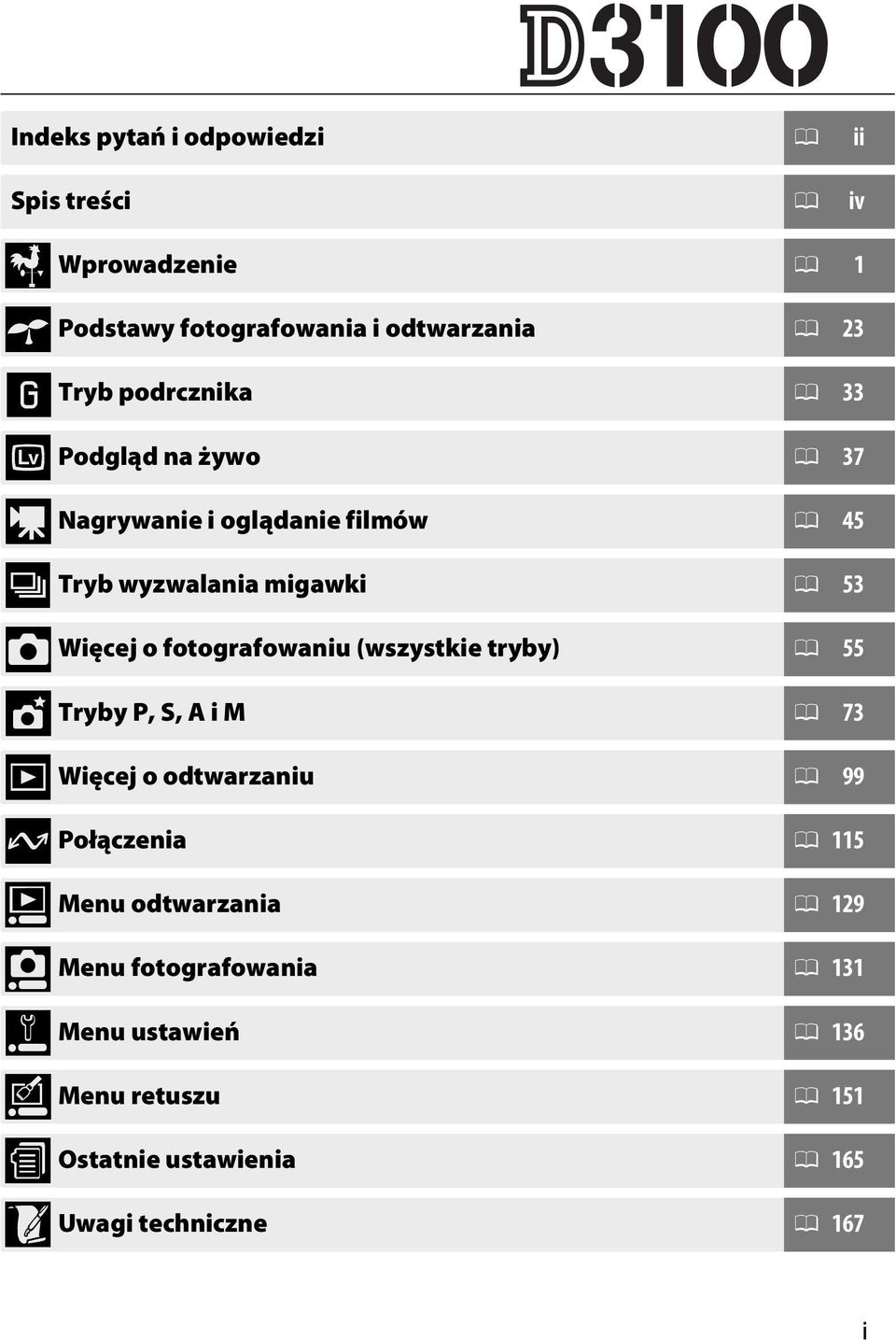 fotografowaniu (wszystkie tryby) 0 55 t Tryby P, S, A i M 0 73 I Więcej o odtwarzaniu 0 99 Q Połączenia 0 115 o Menu