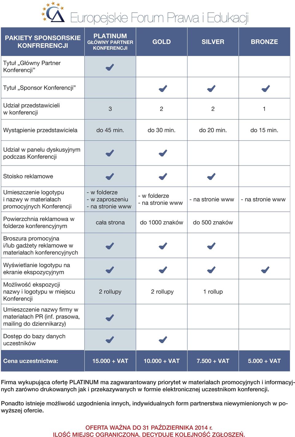 Udział w panelu dyskusyjnym podczas Konferencji Stoisko reklamowe Umieszczenie logotypu i nazwy w materiałach promocyjnych Konferencji - w folderze - w zaproszeniu - na stronie www - w folderze - na