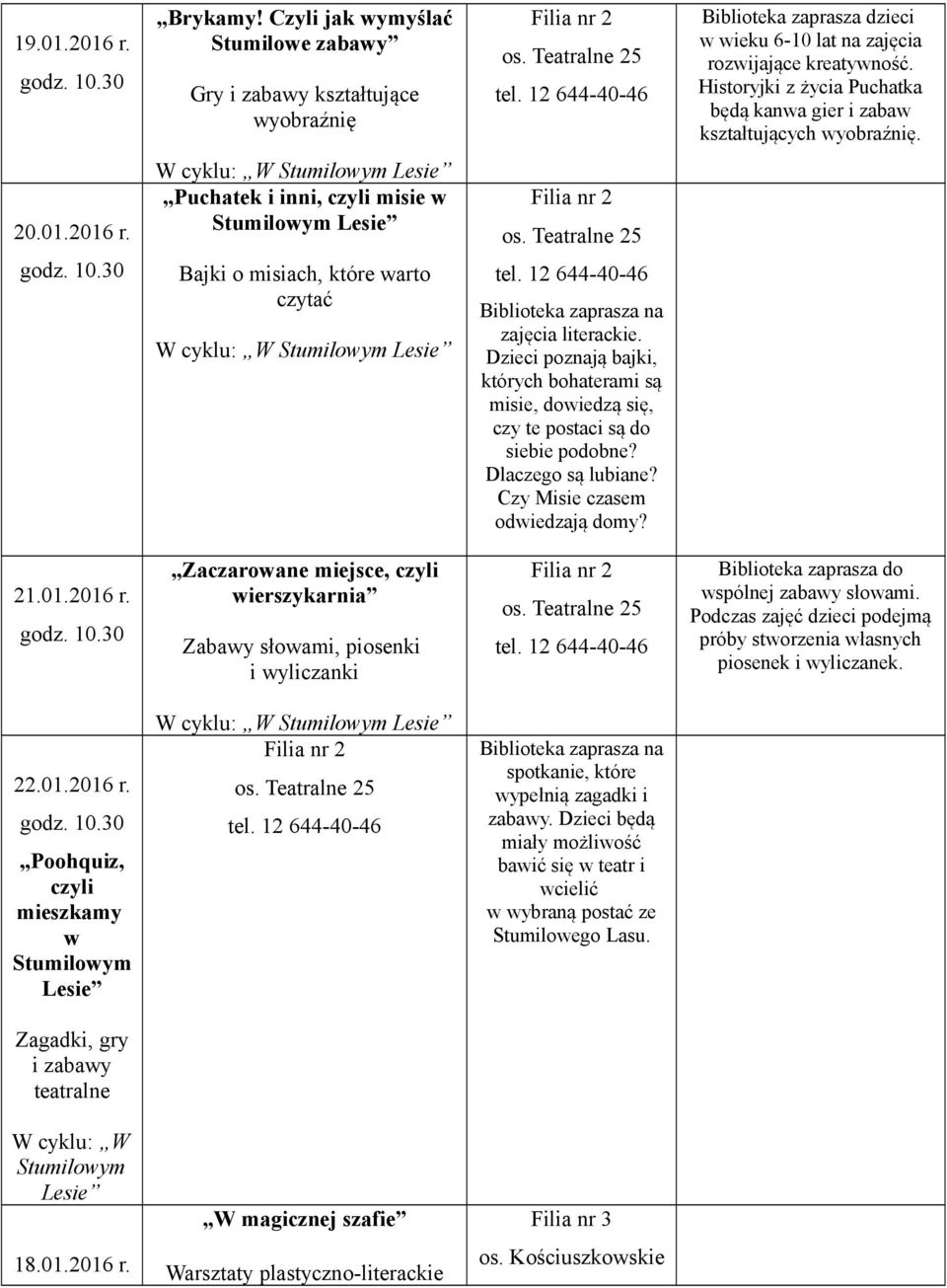 Teatralne 25 Bajki o misiach, które warto czytać W cyklu: W Stumilowym Lesie tel. 12 644-40-46 zajęcia literackie.