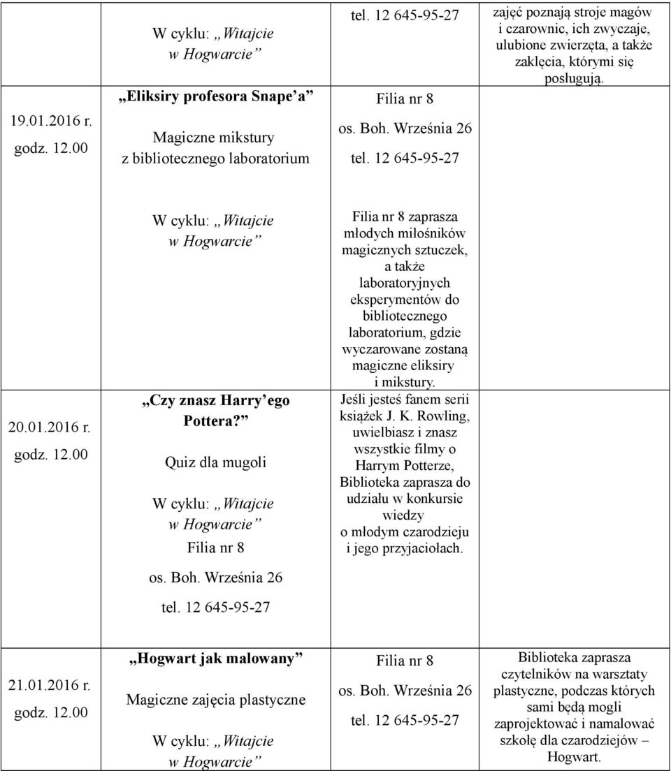 Quiz dla mugoli W cyklu: Witajcie w Hogwarcie Filia nr 8 Filia nr 8 zaprasza młodych miłośników magicznych sztuczek, a także laboratoryjnych eksperymentów do bibliotecznego laboratorium, gdzie