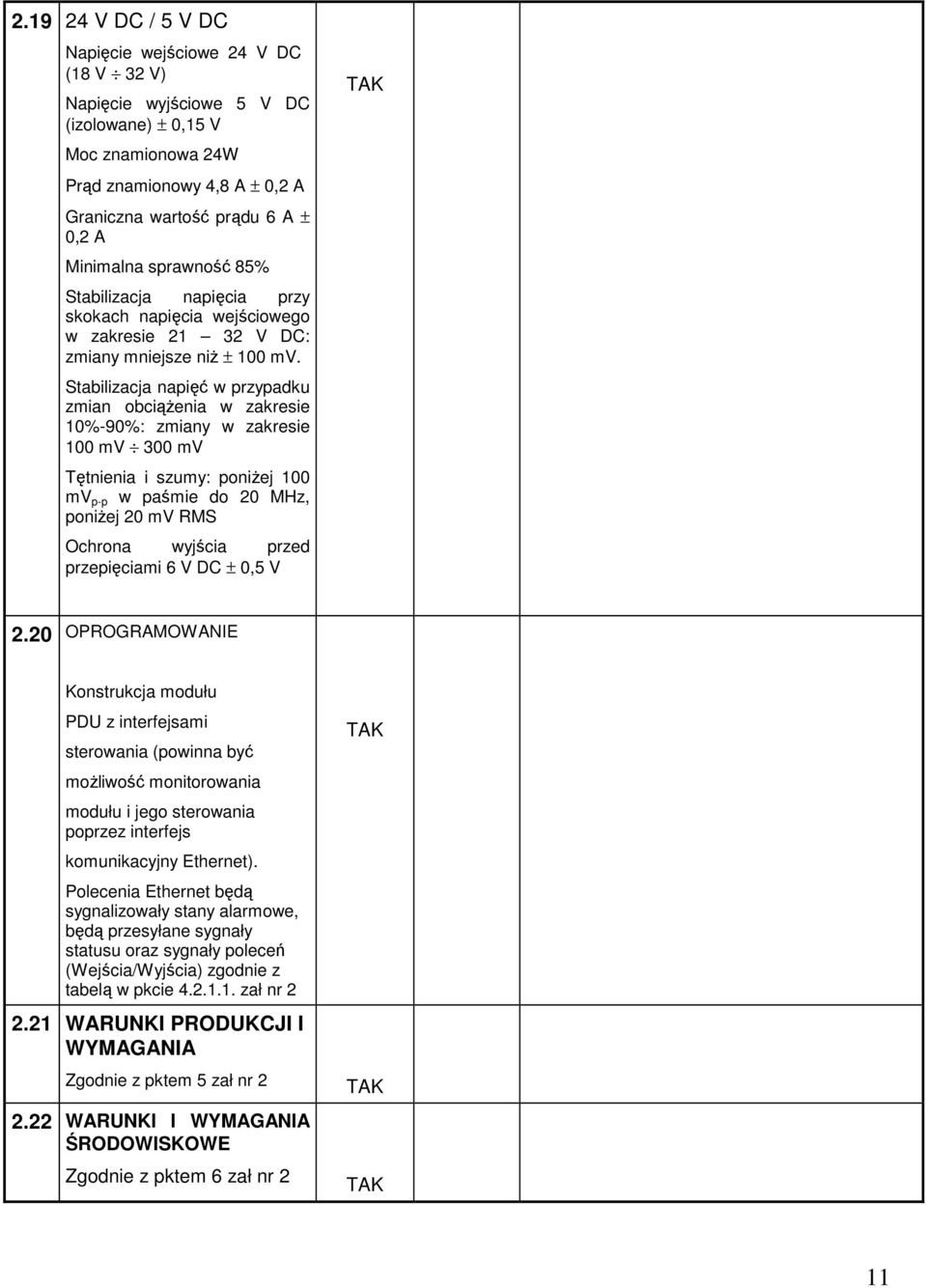 Stabilizacja napięć w przypadku zmian obciążenia w zakresie 10%-90%: zmiany w zakresie 100 mv 300 mv Tętnienia i szumy: poniżej 100 mv p-p w paśmie do 20 MHz, poniżej 20 mv RMS Ochrona wyjścia przed