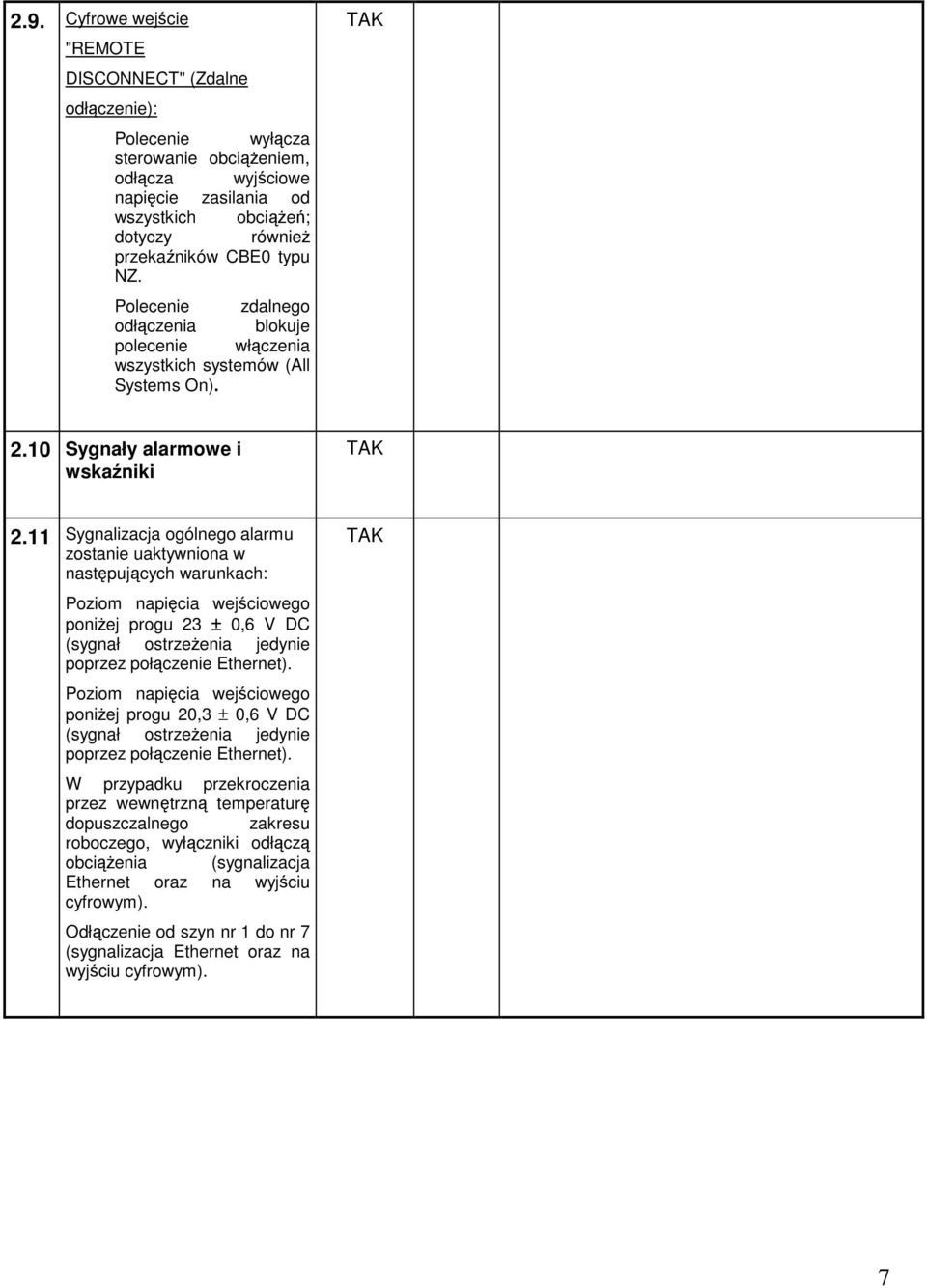 11 Sygnalizacja ogólnego alarmu zostanie uaktywniona w następujących warunkach: Poziom napięcia wejściowego poniżej progu 23 ± 0,6 V DC (sygnał ostrzeżenia jedynie poprzez połączenie Ethernet).