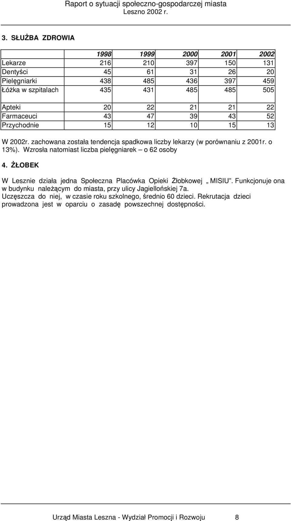 Wzrosła natomiast liczba pielęgniarek o 62 osoby 4. ŻŁOBEK W Lesznie działa jedna Społeczna Placówka Opieki Żłobkowej MISIU.