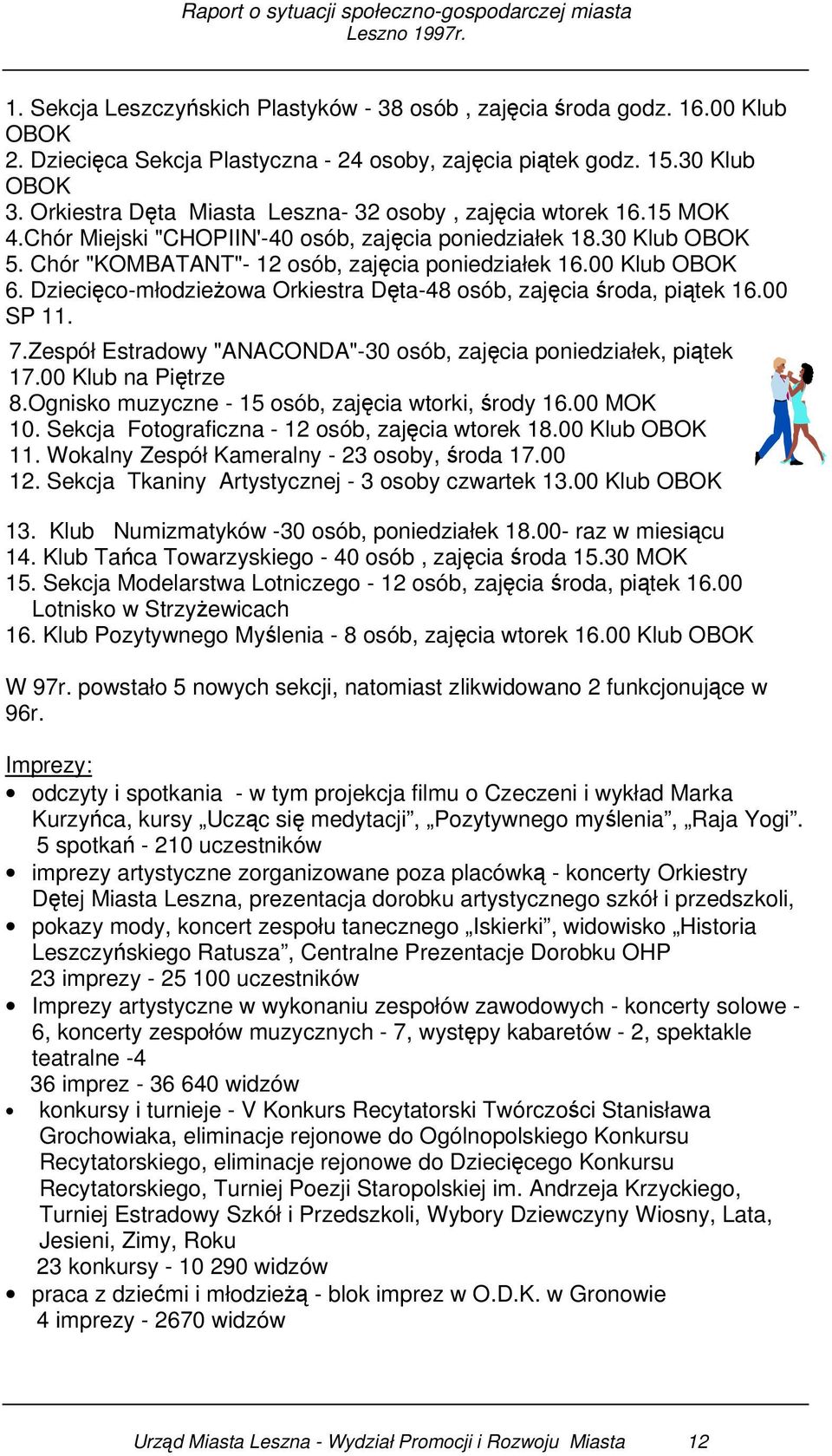 00 Klub OBOK 6. Dziecięco-młodzieżowa Orkiestra Dęta-48 osób, zajęcia środa, piątek 16.00 SP 11. 7.Zespół Estradowy "ANACONDA"-30 osób, zajęcia poniedziałek, piątek 17.00 Klub na Piętrze 8.