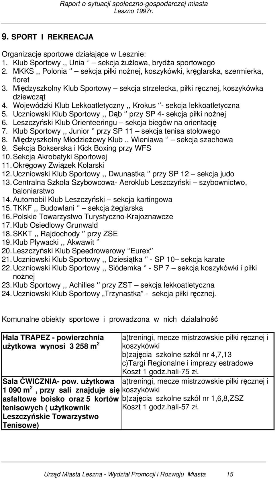 Wojewódzki Klub Lekkoatletyczny,, Krokus - sekcja lekkoatletyczna 5. Uczniowski Klub Sportowy,, Dąb przy SP 4- sekcja piłki nożnej 6. Leszczyński Klub Orienteeringu sekcja biegów na orientację 7.