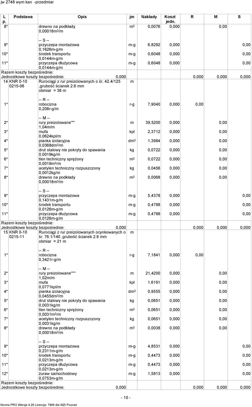 6 obiar = 38 0,208r-g/ 2* rury preizolowane''''' 1,04/ 3* ufa 0,0624kpl/ 0,0368d 3 / 0,0019kg/ 0,0019 3 / 0,0012kg/ 0,00018 3 / r-g 7,9040 0,000 0,00 39,5200 0,000 0,00 kpl 2,3712 0,000 0,00 d 3