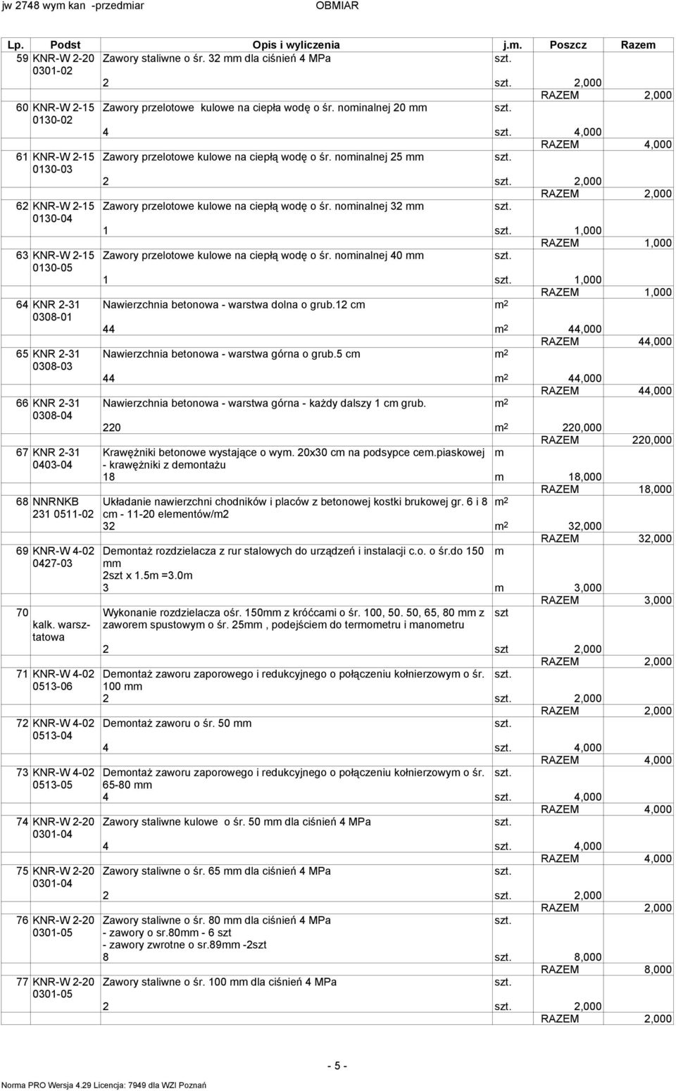 noinalnej 32 0130-04 1 1,000 RAZEM 1,000 63 KNR-W 2-15 Zawory przelotowe kulowe na ciepłą wodę o śr. noinalnej 40 0130-05 1 1,000 RAZEM 1,000 64 KNR 2-31 Nawierzchnia betonowa - warstwa dolna o grub.