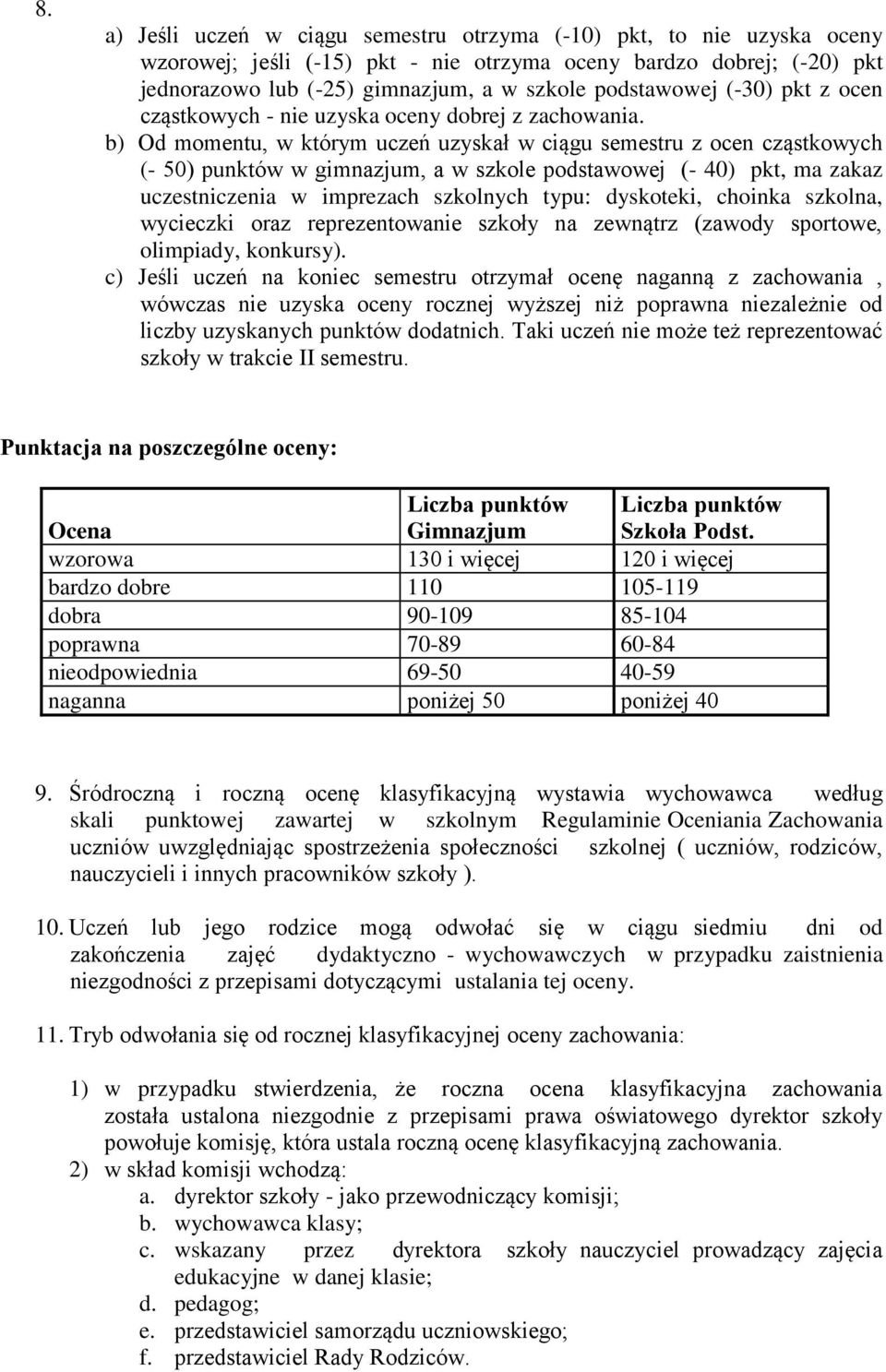 b) Od momentu, w którym uczeń uzyskał w ciągu semestru z ocen cząstkowych (- 0) punktów w gimnazjum, a w szkole podstawowej (- 40) pkt, ma zakaz uczestniczenia w imprezach szkolnych typu: dyskoteki,