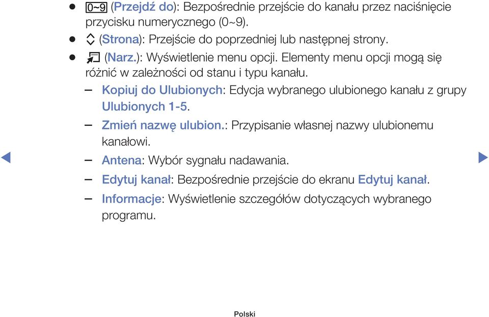 Elementy menu opcji mogą się różnić w zależności od stanu i typu kanału.