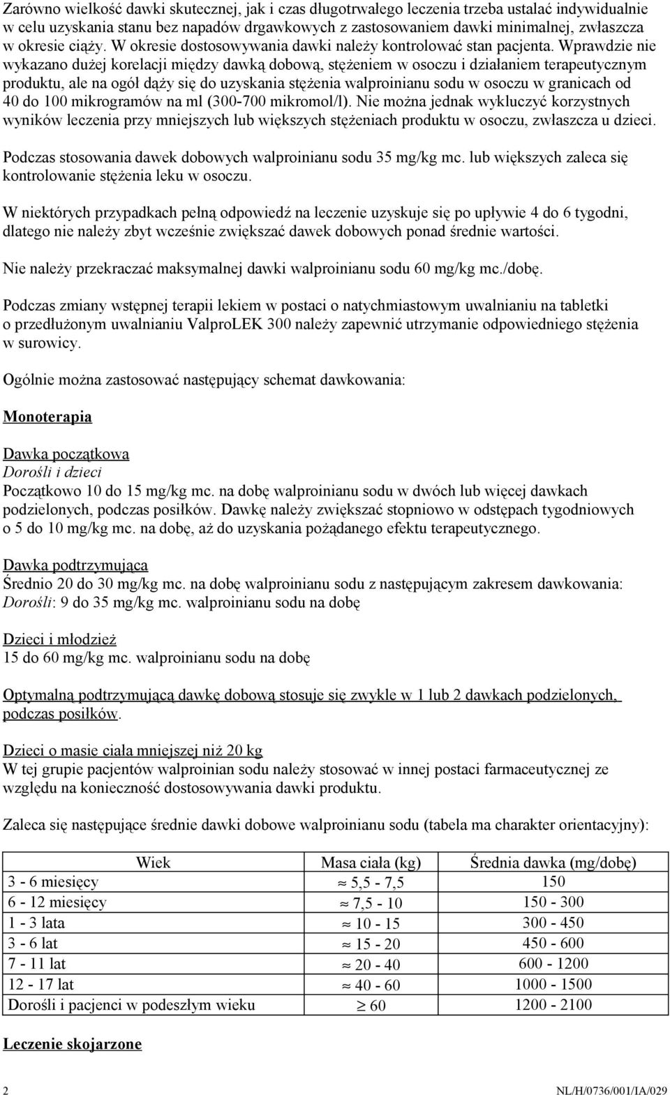 Wprawdzie nie wykazano dużej korelacji między dawką dobową, stężeniem w osoczu i działaniem terapeutycznym produktu, ale na ogół dąży się do uzyskania stężenia walproinianu sodu w osoczu w granicach