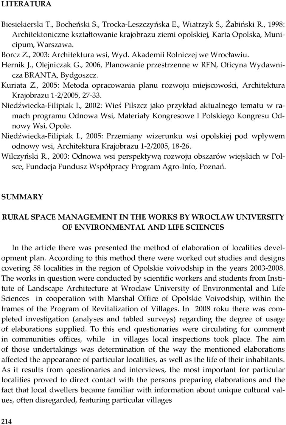 , 2005: Metoda opracowania planu rozwoju miejscowości, Architektura Krajobrazu 1-2/2005, 27-33. Niedźwiecka-Filipiak I.