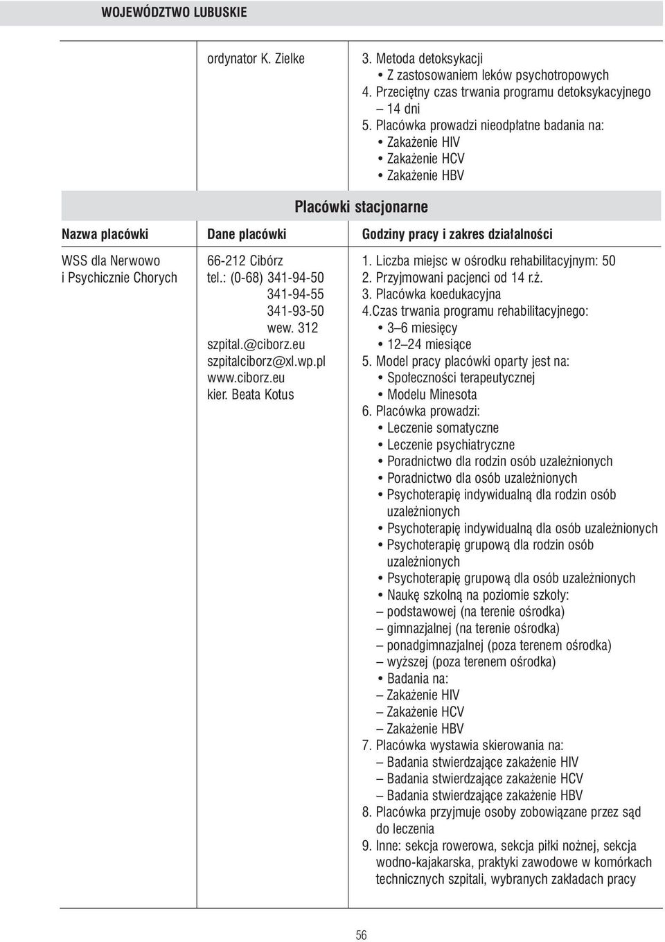 1. Liczba miejsc w oêrodku rehabilitacyjnym: 50 ipsychicznie Chorych tel.: (0-68) 341-94-50 2. Przyjmowani pacjenci od 14 r.. 341-94-55 3. Placówka koedukacyjna 341-93-50 4.