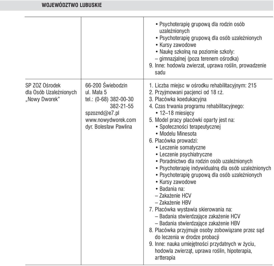Przyjmowani pacjenci od 18 r.. Nowy Dworek tel.: (0-68) 382-00-30 3. Placówka koedukacyjna 382-21-55 4. Czas trwania programu rehabilitacyjnego: spzoznd@e7.pl 12 18 miesi cy www.nowydworek.com 5.