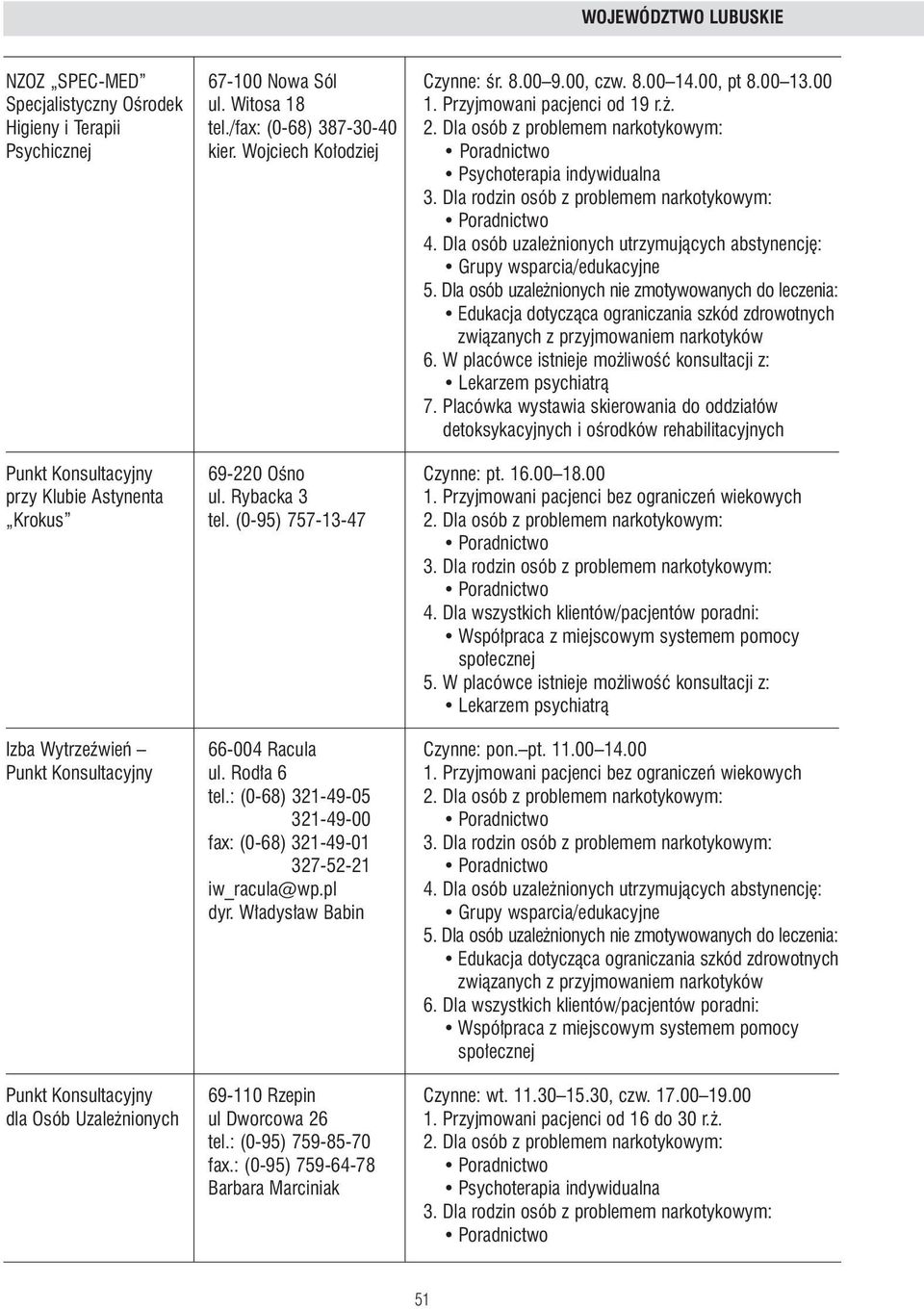 Placówka wystawia skierowania do oddzia ów detoksykacyjnych i oêrodków rehabilitacyjnych Punkt Konsultacyjny 69-220 OÊno Czynne: pt. 16.00 18.00 przy Klubie Astynenta ul. Rybacka 3 1.