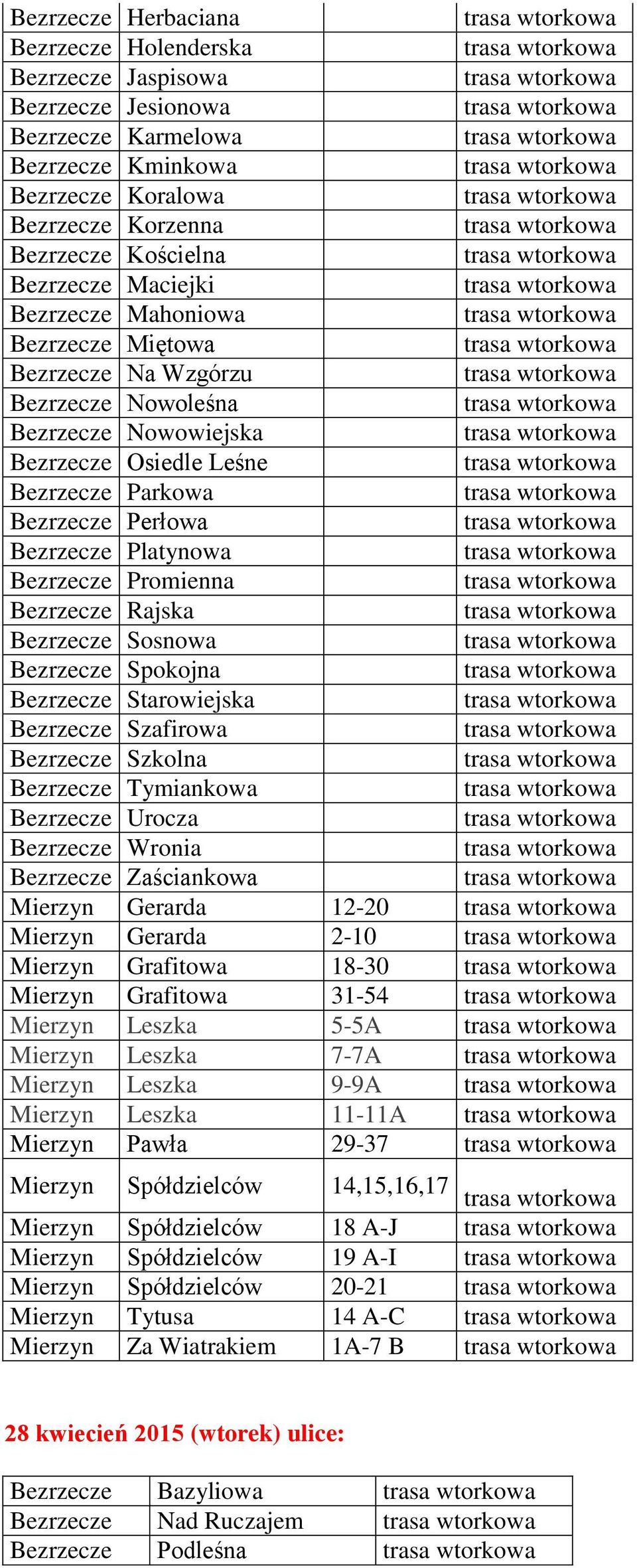 Promienna Bezrzecze Rajska Bezrzecze Sosnowa Bezrzecze Spokojna Bezrzecze Starowiejska Bezrzecze Szafirowa Bezrzecze Szkolna Bezrzecze Tymiankowa Bezrzecze Urocza Bezrzecze Wronia Bezrzecze