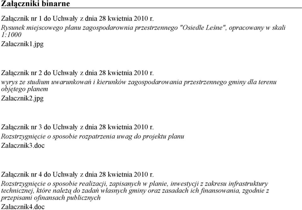 jpg Załącznik nr 3 do Uchwały z dnia 28 kwietnia 2010 r. Rozstrzygnięcie o sposobie rozpatrzenia uwag do projektu planu Zalacznik3.doc Załącznik nr 4 do Uchwały z dnia 28 kwietnia 2010 r.