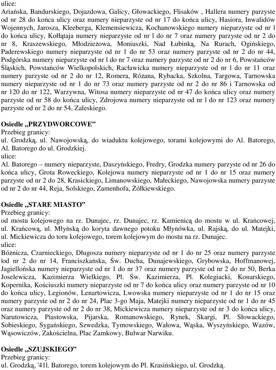 Młodzieżowa, Moniuszki, Nad Łubinką, Na Rurach, Ogińskiego, Paderewskiego numery nieparzyste od nr 1 do nr 53 oraz numery parzyste od nr 2 do nr 44, Podgórska numery nieparzyste od nr l do nr 7 oraz