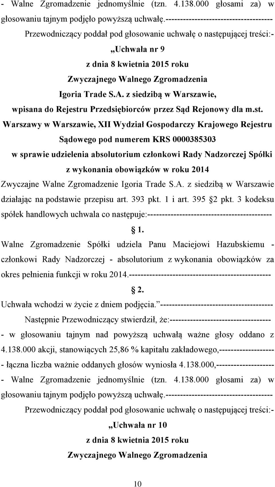 3 kodeksu Walne Zgromadzenie Spółki udziela Panu Maciejowi Hazubskiemu - członkowi Rady Nadzorczej -