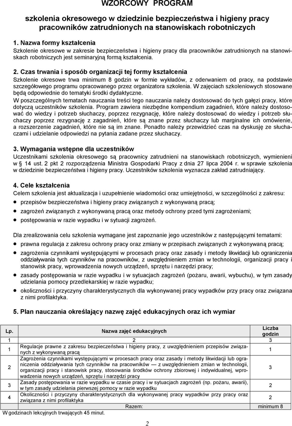 . Czas trwania i sposób organizacji tej formy kształcenia Szkolenie okresowe trwa minimum 8 godzin w formie wykładów, z oderwaniem od pracy, na podstawie szczegółowego programu opracowanego przez