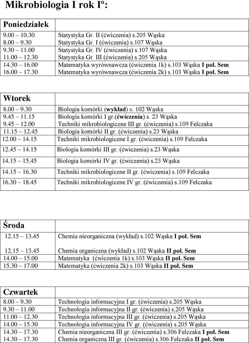 103 Wąska I poł. Sem Wtorek 8.00 9.30 Biologia komórki (wykład) s. 102 Wąska 9.45 11.15 9.45 12.00 Biologia komórki I gr.(ćwiczenia) s. 23 Wąska Techniki mikrobiologiczne III gr. (ćwiczenia) s.